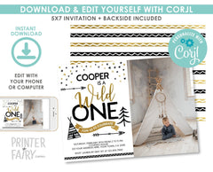 Wild One Birthday Invitation with Photo, Editable Digital Invite