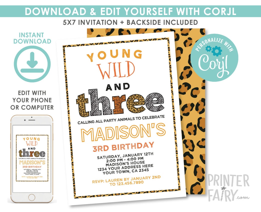 Wild Three Birthday Invitation, Safari Animal Print (Digital Invite)