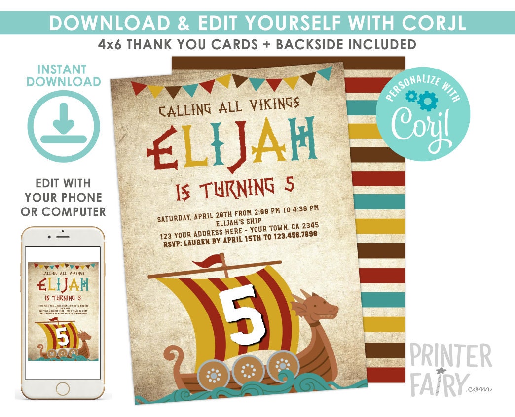 Viking Birthday Invitation, Editable Dragon Party Invite (Digital)