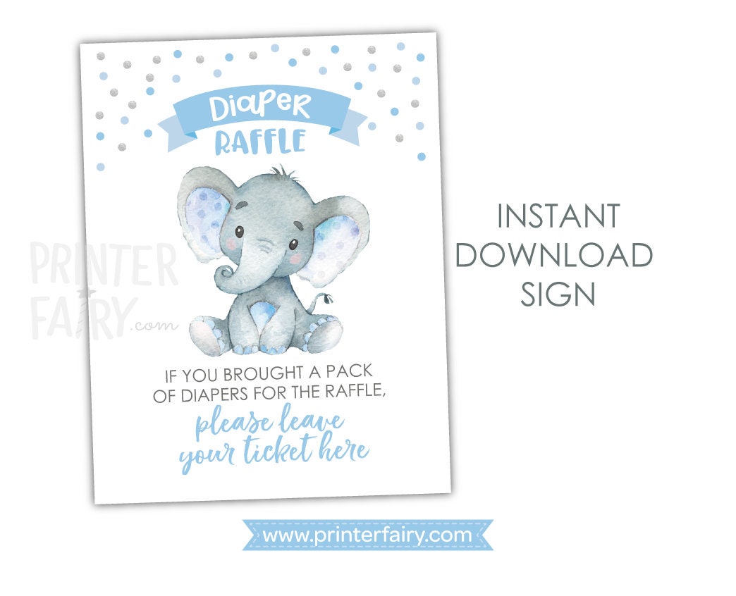 Elephant Baby Shower Diaper Raffle Ticket and Sign Editable Templates, Instant Download