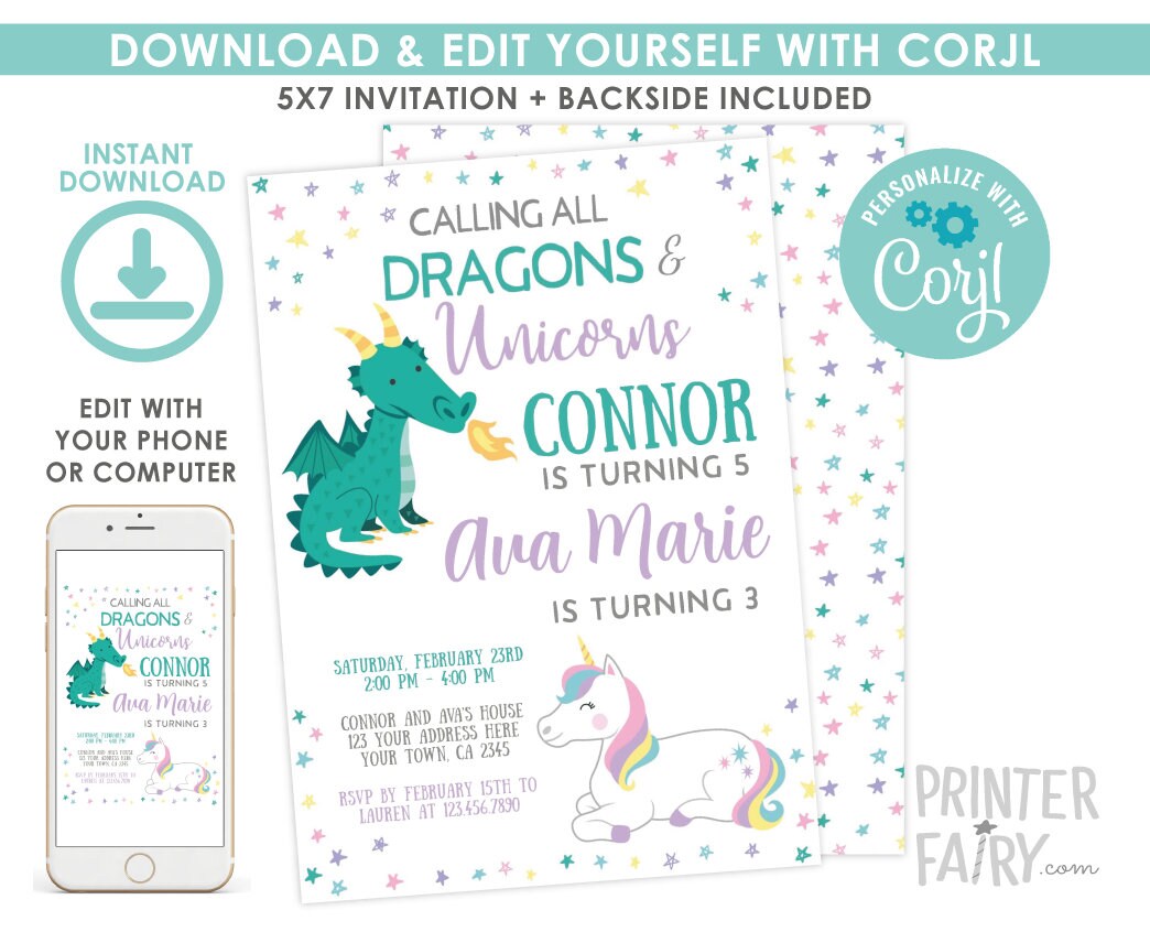 Unicorn and Dragon Birthday Invitation Editable Template, Joint Party, INSTANT DOWNLOAD