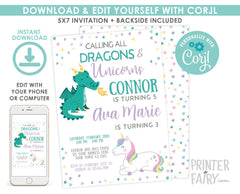 Unicorn and Dragon Birthday Invitation Editable Template, Joint Party, INSTANT DOWNLOAD
