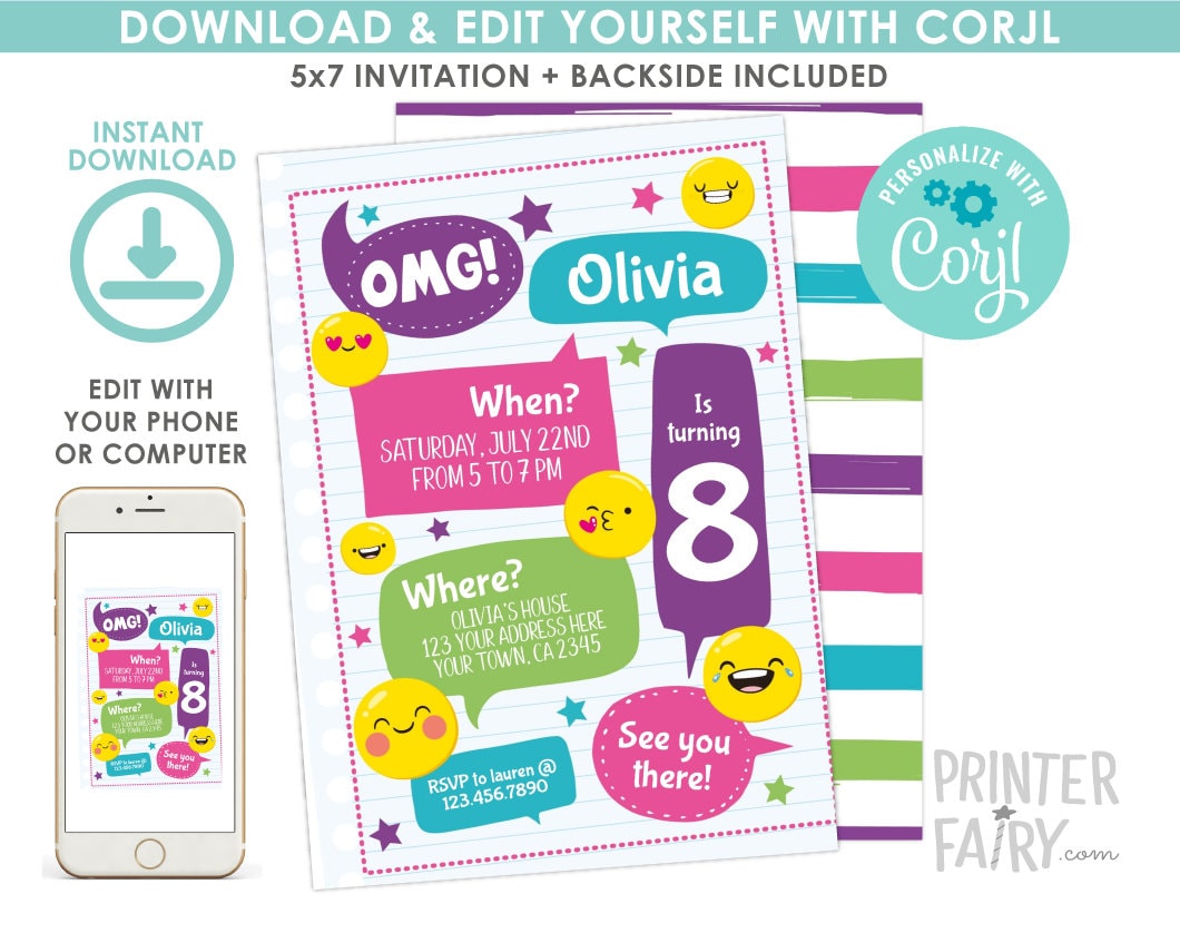 Emoji Birthday Invitation, Editable Digital Invite (5x7)