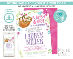Sloth Baby Shower Invitation, Editable Digital Invite (5x7)