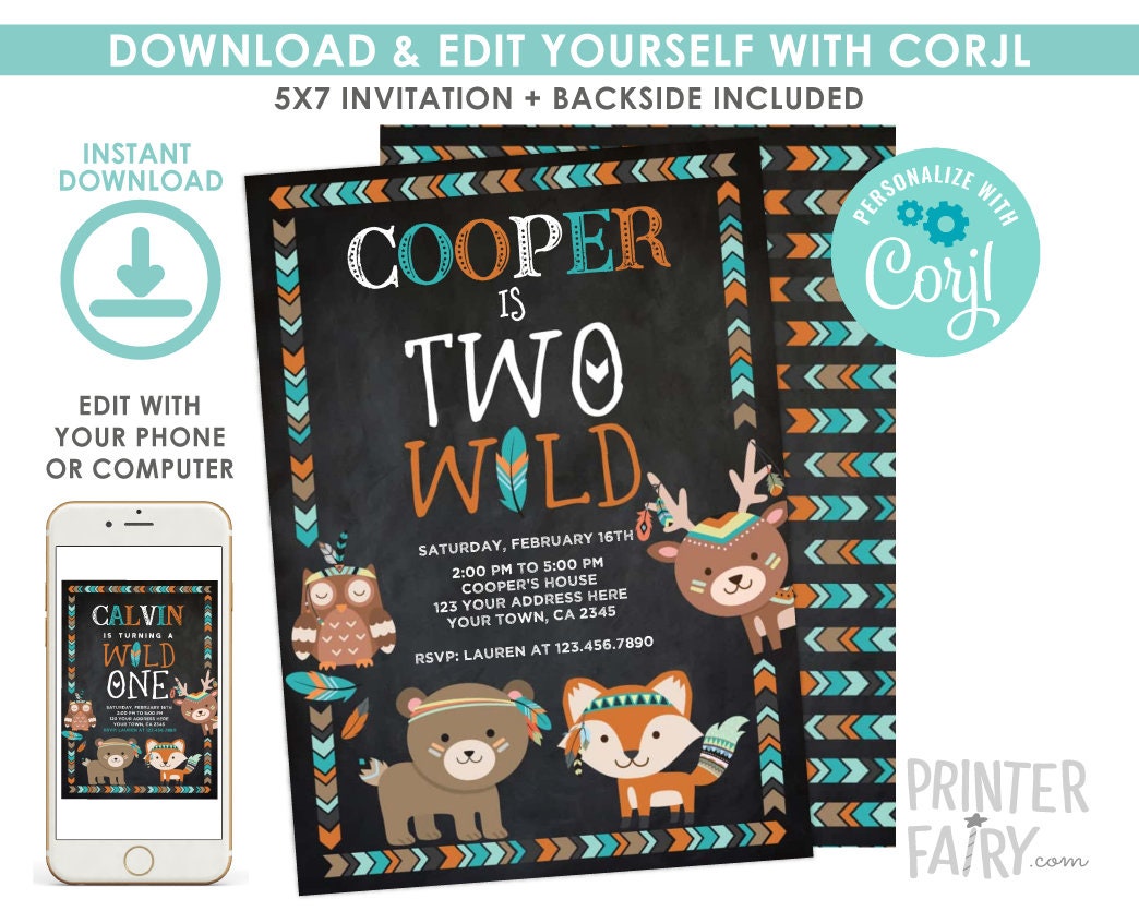 Tribal Woodland Birthday Invitation, Two Wild, Chalkboard (Digital Invite)