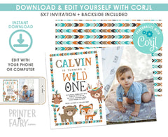 Wild One Photo Invitation, Tribal Woodland 1st Birthday (Digital Download)