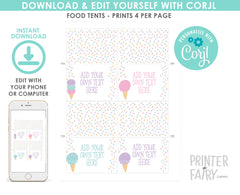 Ice Cream Sundae Bar Food Tent Cards Editable Instant Download