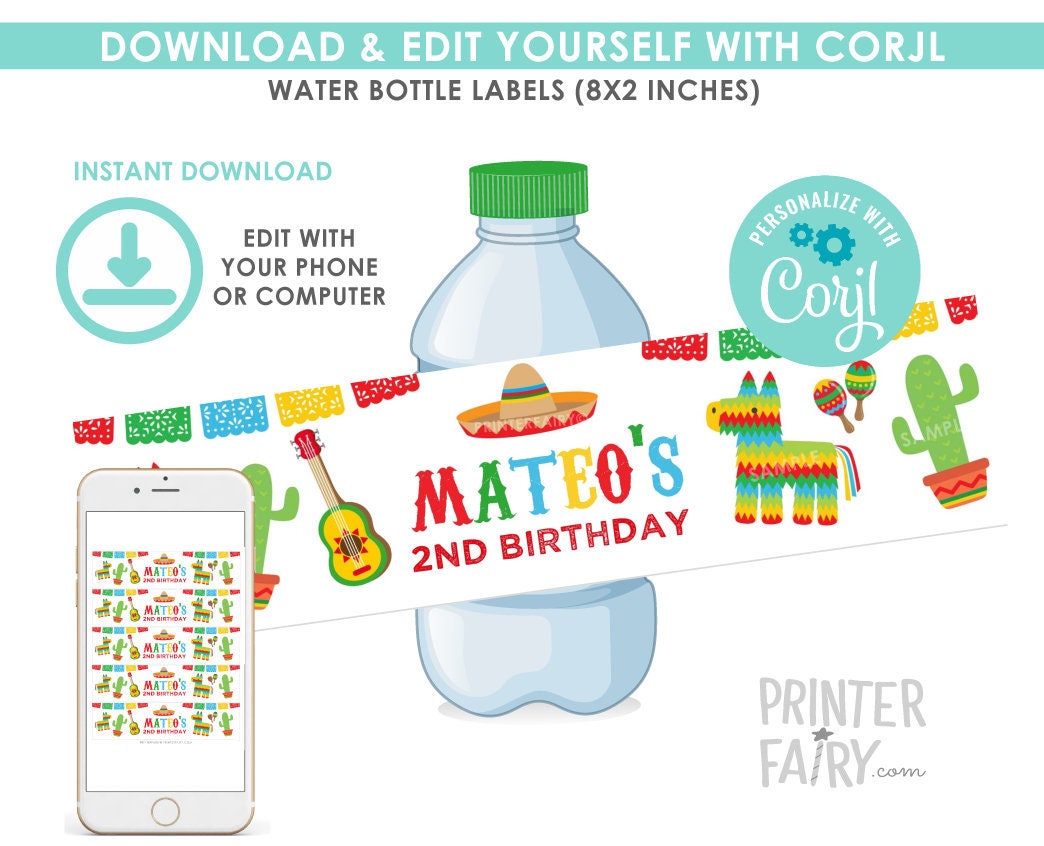 Editable Fiesta Water Bottle Labels EDITABLE TEMPLATE, Cinco de Mayo Decorations, instant download