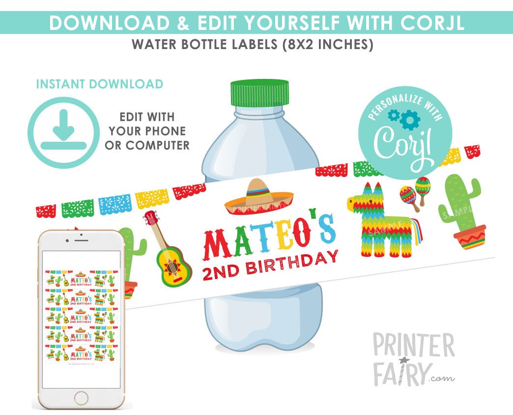 Editable Fiesta Water Bottle Labels EDITABLE TEMPLATE, Cinco de Mayo Decorations, instant download