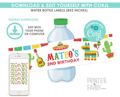 Editable Fiesta Water Bottle Labels EDITABLE TEMPLATE, Cinco de Mayo Decorations, instant download