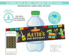 Fiesta Water Bottle Labels, Editable Cinco de Mayo Decor (Instant Download)
