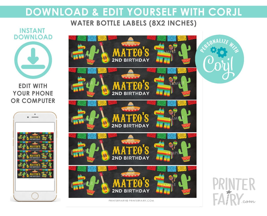 Fiesta Water Bottle Labels, Editable Cinco de Mayo Decor (Instant Download)