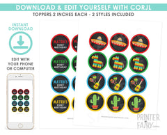 Fiesta Cupcake Toppers, Cinco de Mayo Decorations (Editable, Instant Download)