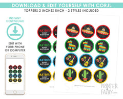 Fiesta Cupcake Toppers, Cinco de Mayo Decorations (Editable, Instant Download)