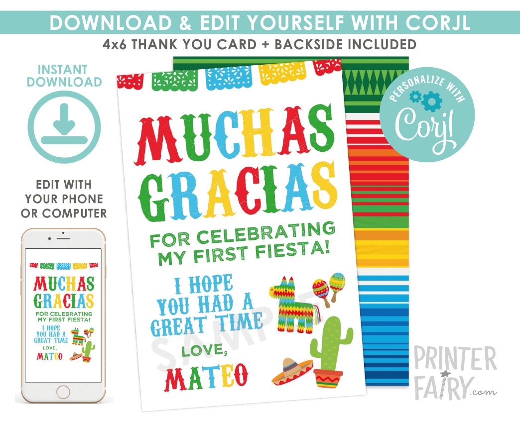 Editable Fiesta Thank You Cards, Cinco de Mayo (Instant Download)