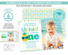 Pineapple First Birthday Invitation with Photo, Luau Party (Editable, Instant Download)
