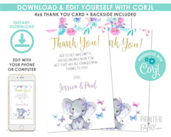 Elephant Thank You Cards, Floral Baby Shower (EDITABLE, Instant Download)