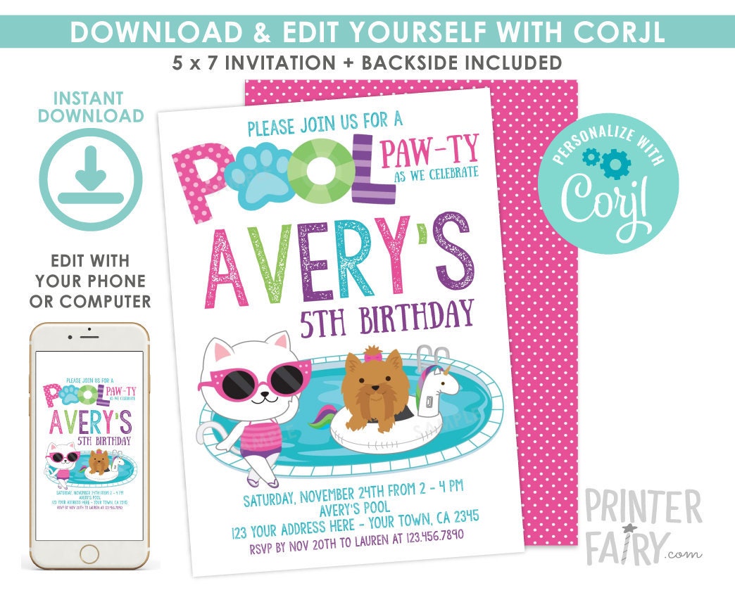 Pet Adoption Pool Pawty Invitation, Summer Birthday (INSTANT DOWNLOAD)