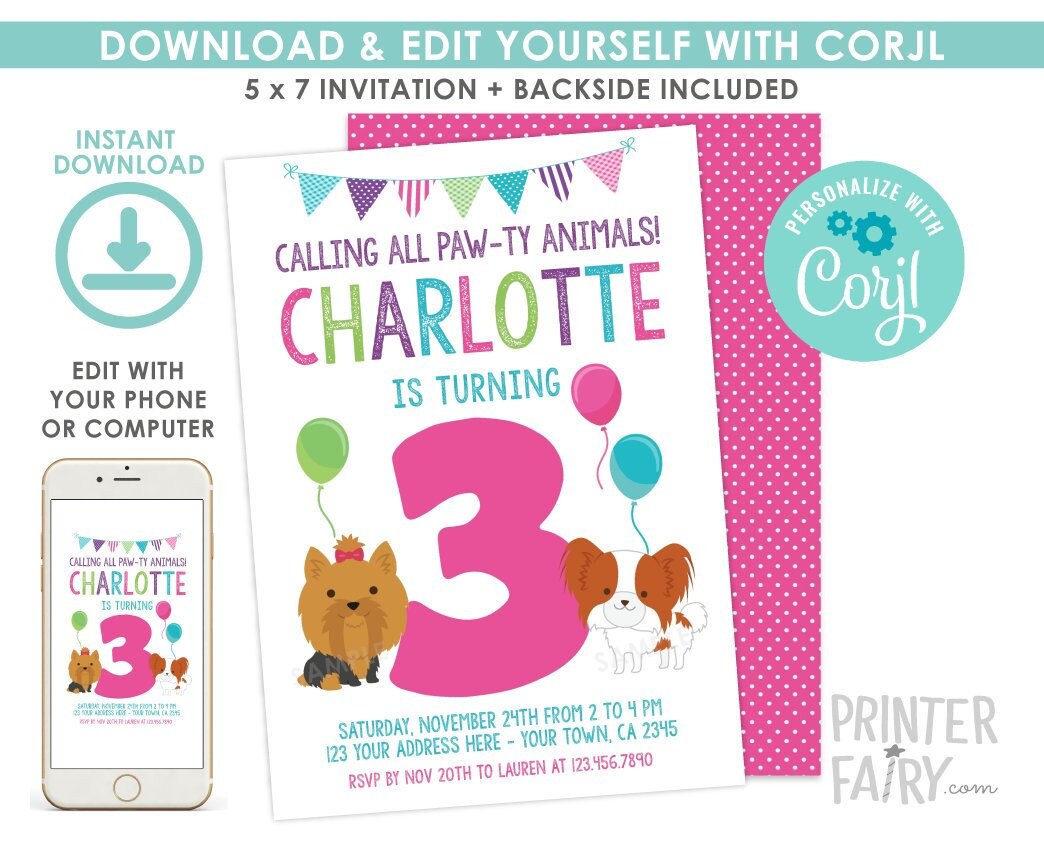 Puppy Birthday Party Invitation for ANY AGE, Dog Pawty, Editable (Digital Instant Download)
