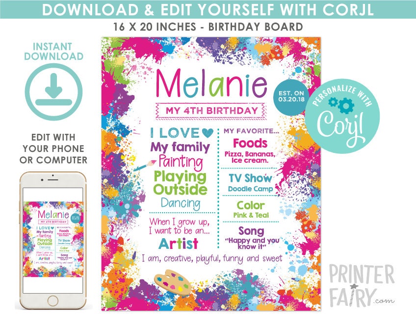 Art Party Milestones Board, Editable Birthday Template (Digital Download)
