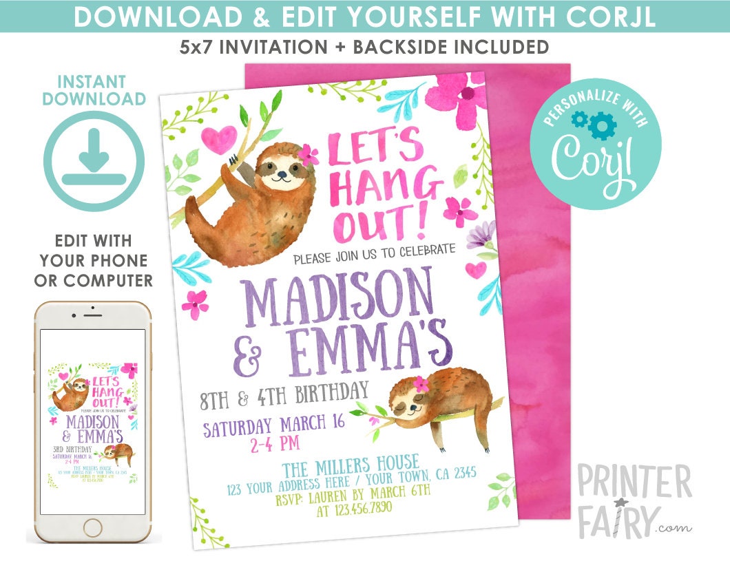 Sloth Birthday Invitation, Jungle Party, Editable Digital Invite