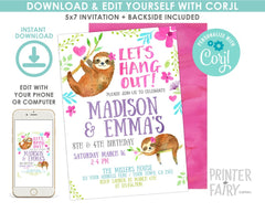 Sloth Birthday Invitation, Jungle Party, Editable Digital Invite