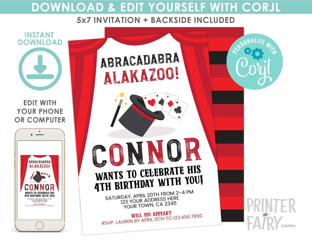 Editable Magic Show Birthday Invitation, 5x7 (Digital Invite)