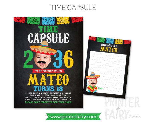 Mexican Fiesta Birthday Time Capsule with Photo Personalized Sign + Card, Digital Design