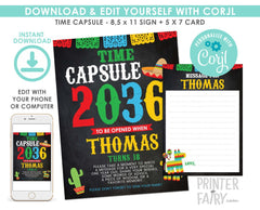 Mexican Fiesta Birthday Time Capsule Sign and Card Templates, INSTANT DOWNLOAD