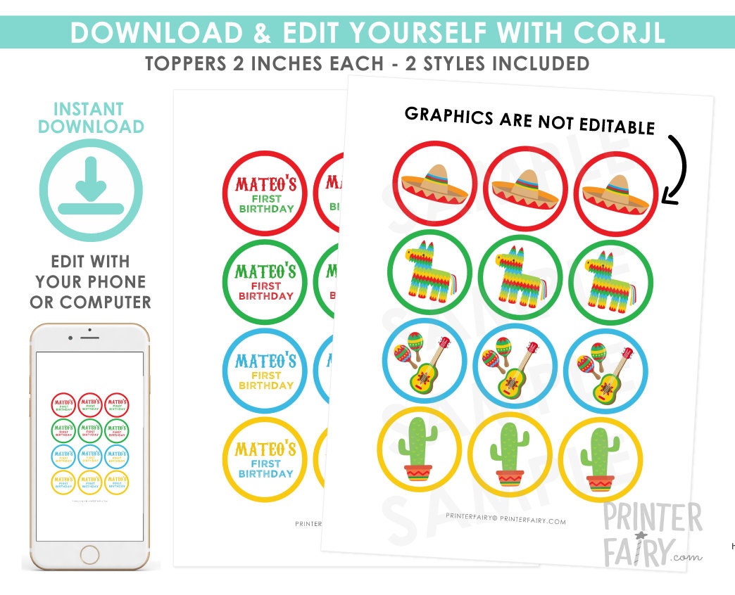Fiesta Cupcake Toppers, Cinco de Mayo Decorations, Editable Label Template (Instant Download)