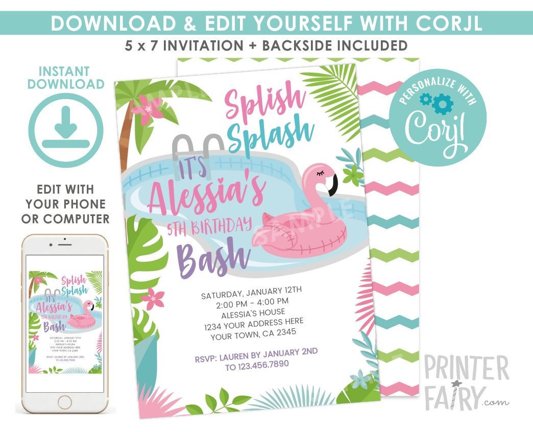 Flamingo Pool Party Invitation EDITABLE Template, Summer Birthday (Digital Instant Download)