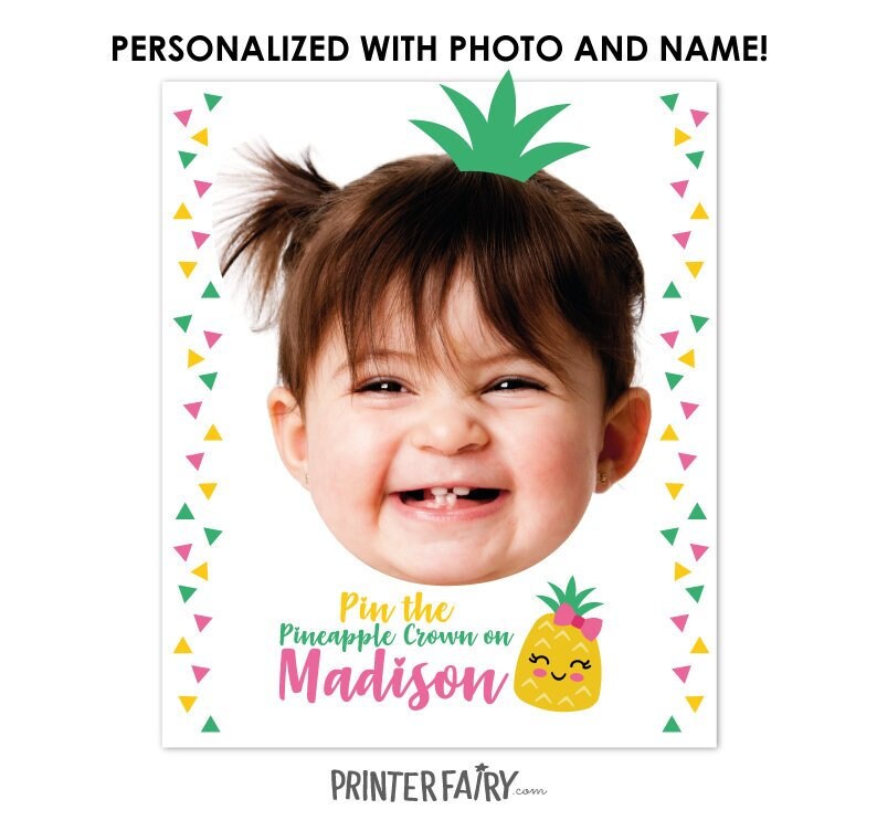 Pineapple Birthday Pin the Crown Game Personalized with your Photo, Luau Party (Digital Printable)