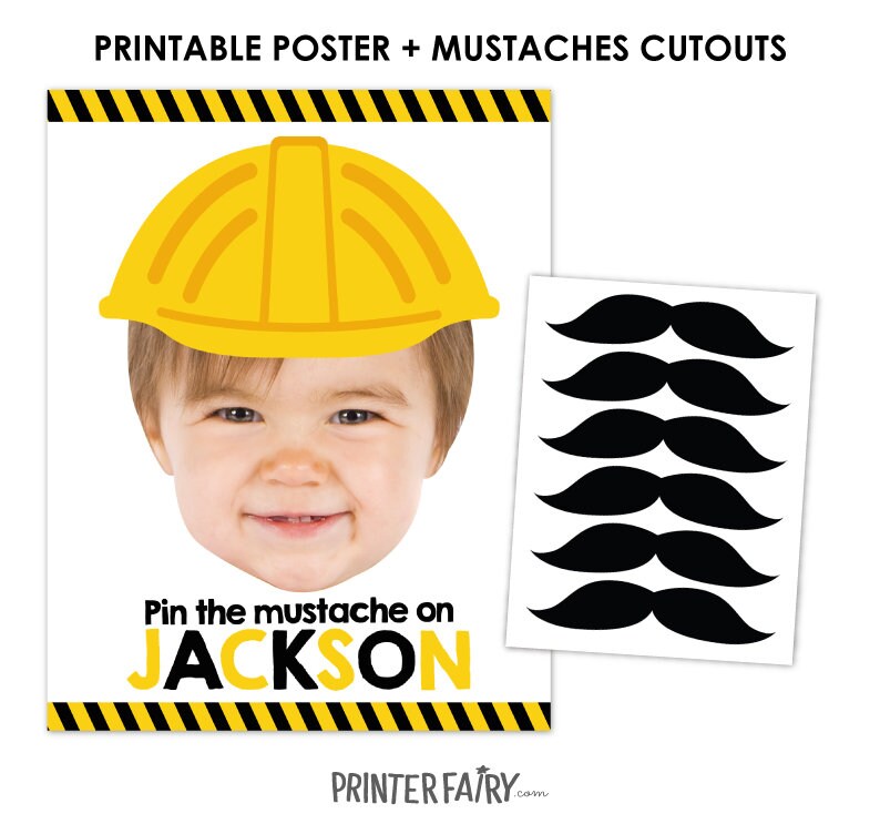 Construction Birthday Pin the Mustache Personalized Party Game, Digital Download