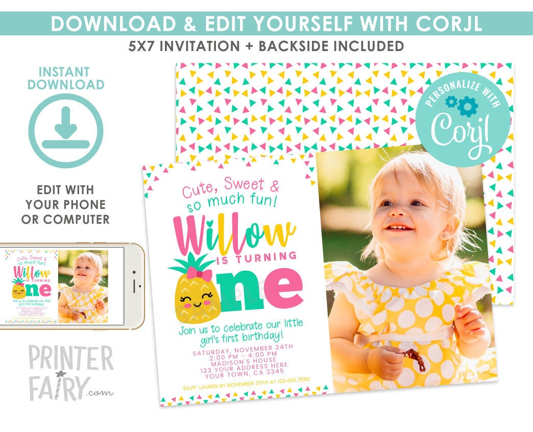 Pineapple First Birthday Invitation with Photo, Luau Party (EDITABLE, Instant Download)