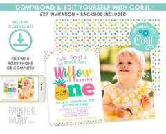 Pineapple First Birthday Invitation with Photo, Luau Party (EDITABLE, Instant Download)