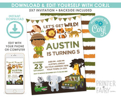Safari Birthday Invitation, Jungle Party, Editable Template (Digital Printable)
