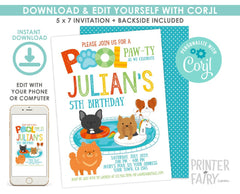 Pet Pool Pawty Invitation, Editable Summer Birthday (Instant Download)