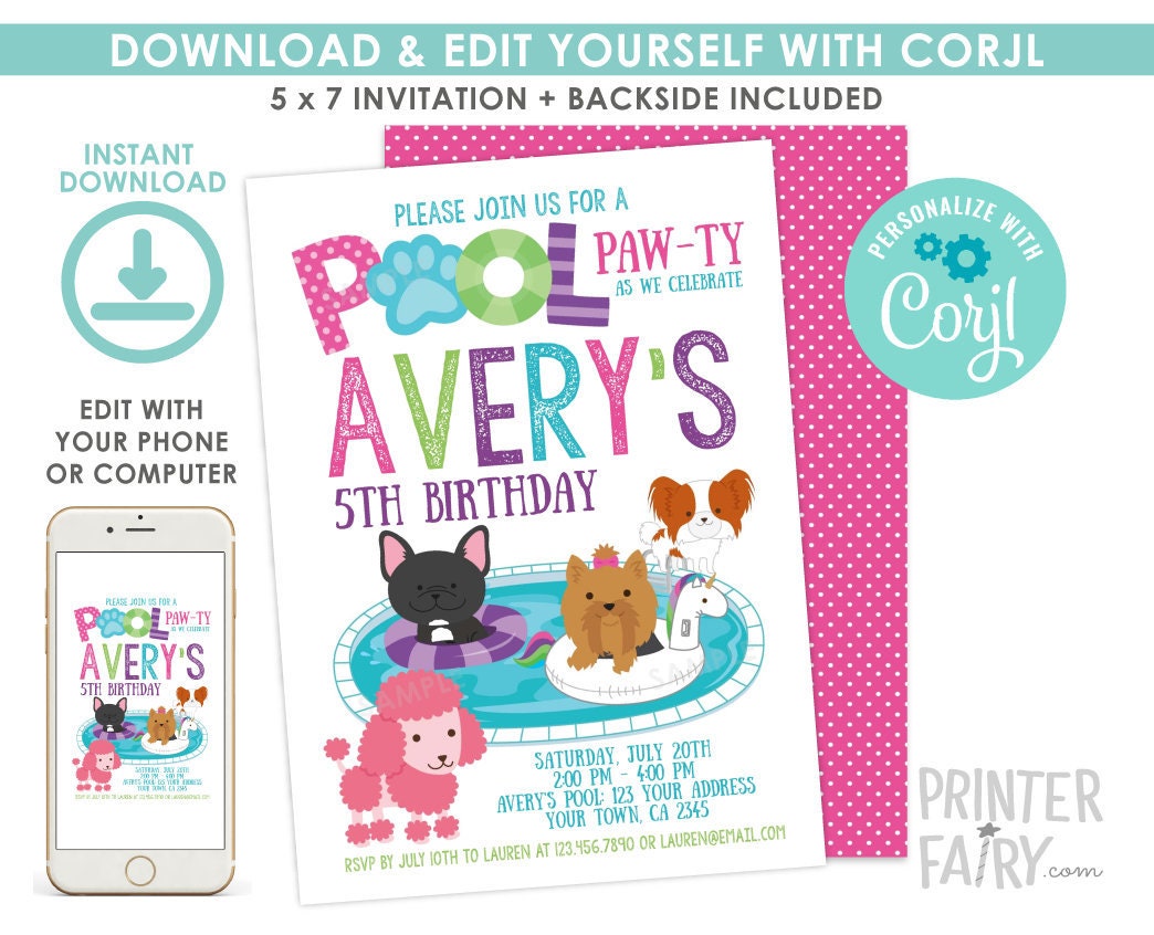 Pet Pool Pawty Invitation, Summer Birthday (Instant Download)