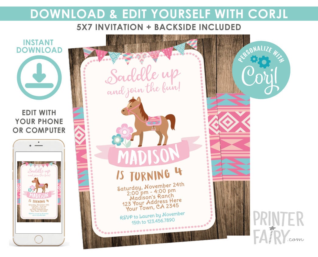 Cowgirl Horse Birthday Invitation, EDITABLE Pony Party (Digital Printable Invitation)