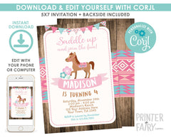 Cowgirl Horse Birthday Invitation, EDITABLE Pony Party (Digital Printable Invitation)