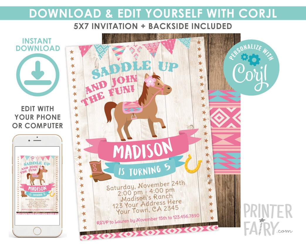 Cowgirl Horse Birthday Party Invitation, Western Pony (Editable Template)
