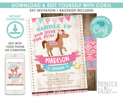 Cowgirl Horse Birthday Party Invitation, Western Pony (Editable Template)