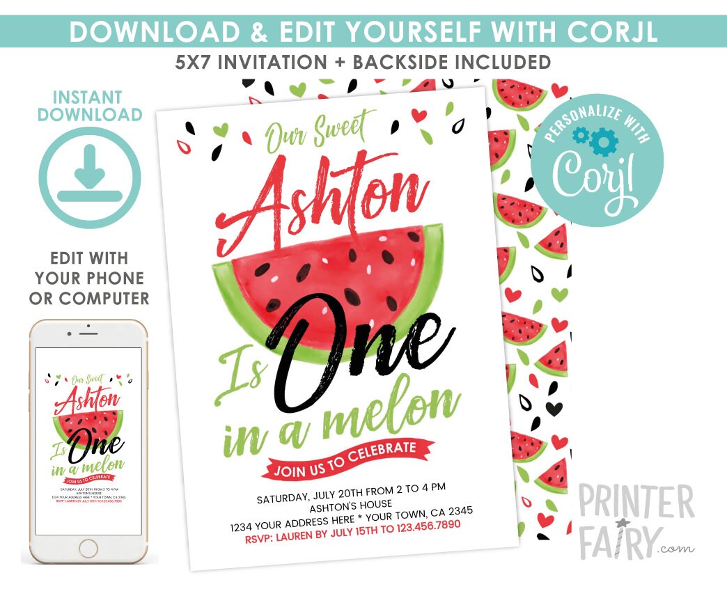 Watermelon First Birthday Invitation Editable Template (Instant Download)