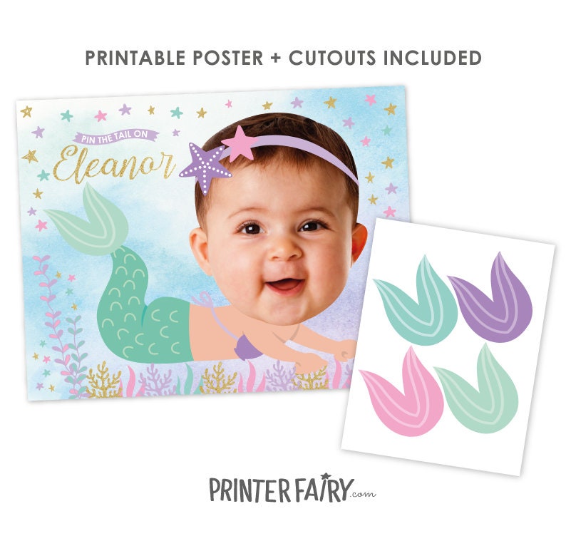 Mermaid Birthday Personalized Pin the Tail Game with Photo, Digital Printable Design