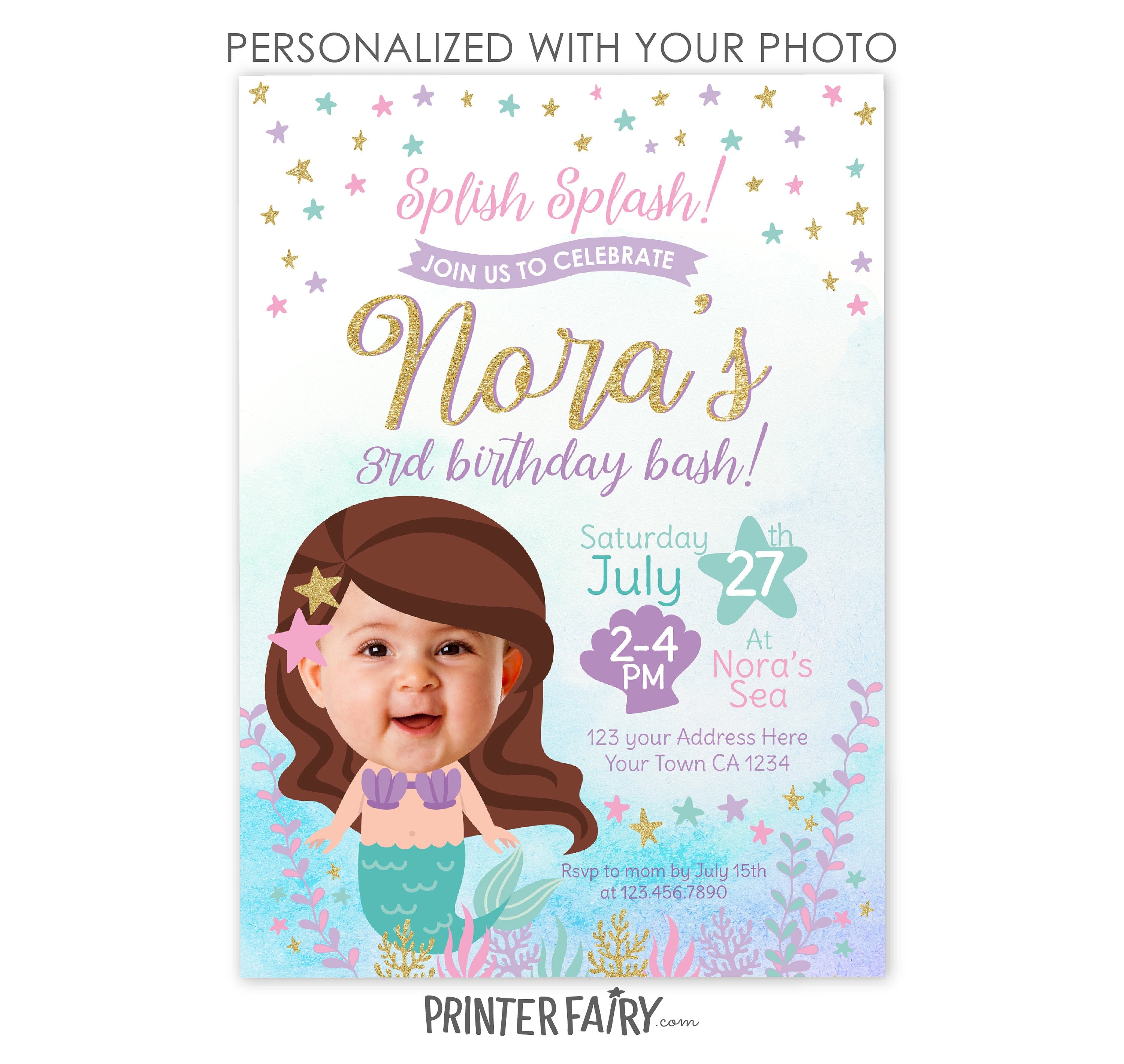 Mermaid Birthday Party Personalized Invitation with Photo, Digital or Printable Design