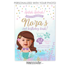 Mermaid Birthday Party Personalized Invitation with Photo, Digital or Printable Design