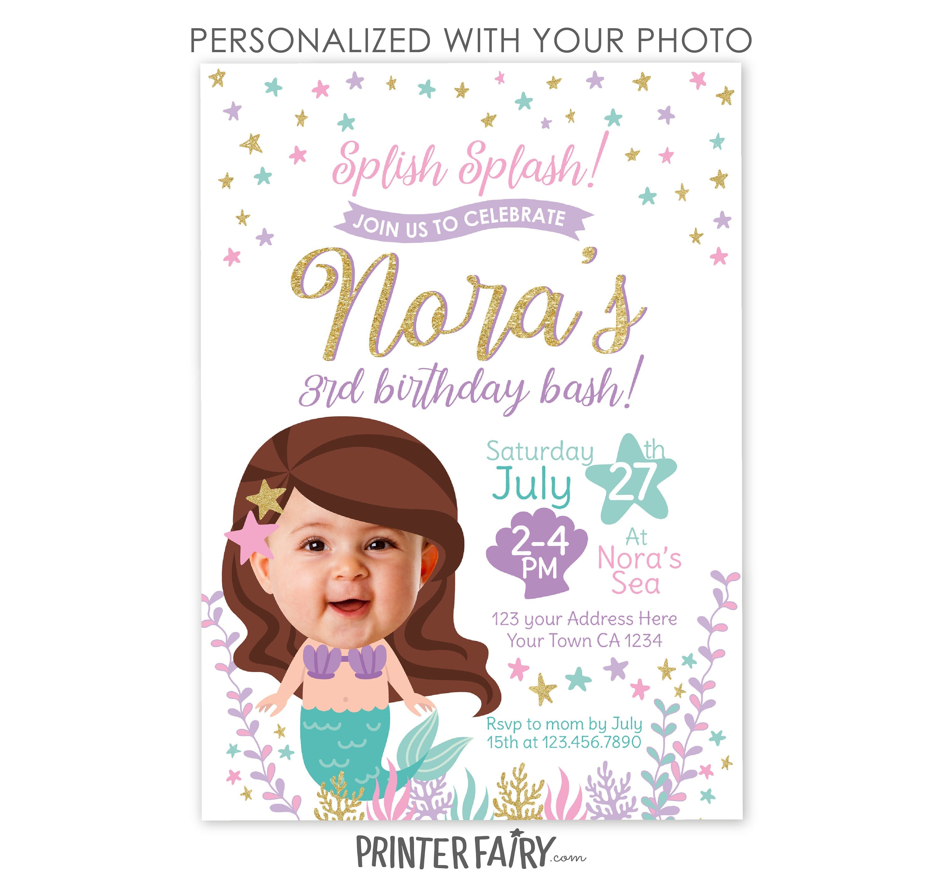 Mermaid Birthday Party Personalized Invitation with Photo, Digital or Printable Design
