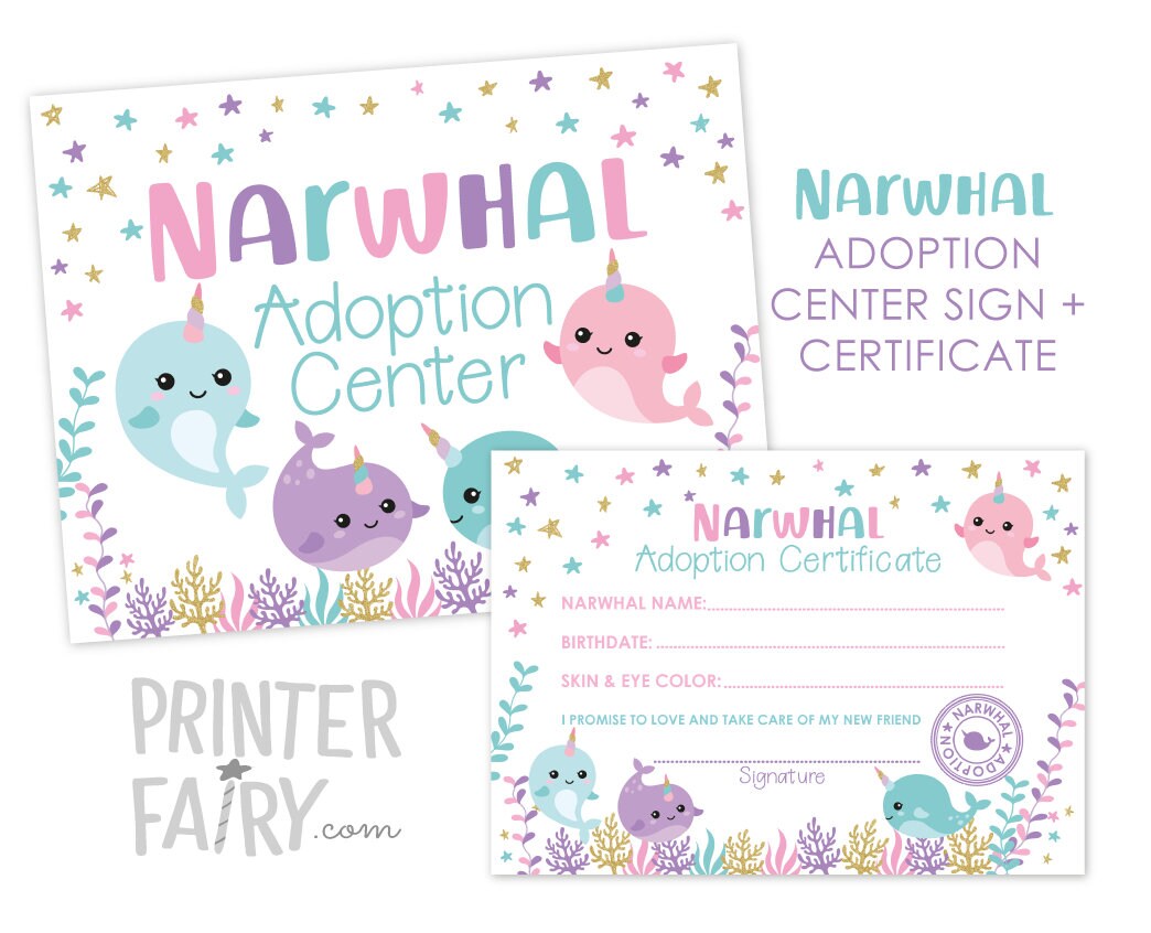 Narwhal Adoption Center Sign and Certificate (Digital Download)