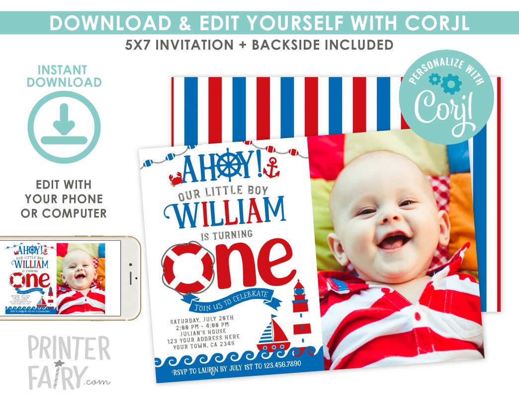Nautical First Birthday Photo Invitation, Editable Template (Digital Download)