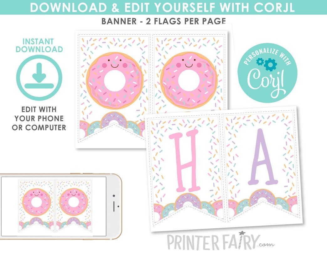 Editable Donut Birthday Banner, Sprinkles Party (Instant Download)